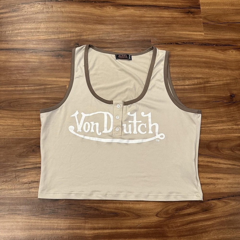 Von Dutch Tank Top Womens Large Beige Cropped Henley Logo Graphic Sleeveless